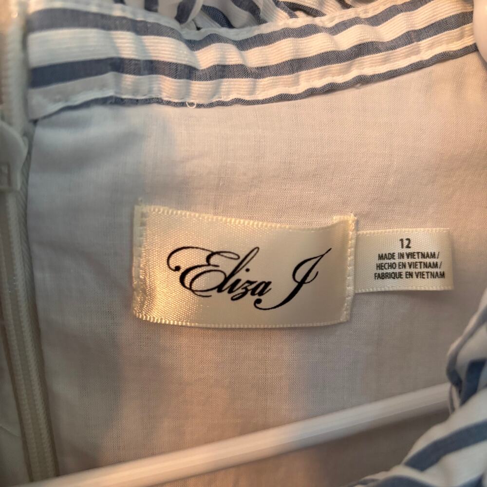 Eliza J. Sleeveless Blue Stripe Seersucker Ruffle Nautical Dress Sz 12 - Picture 3 of 8